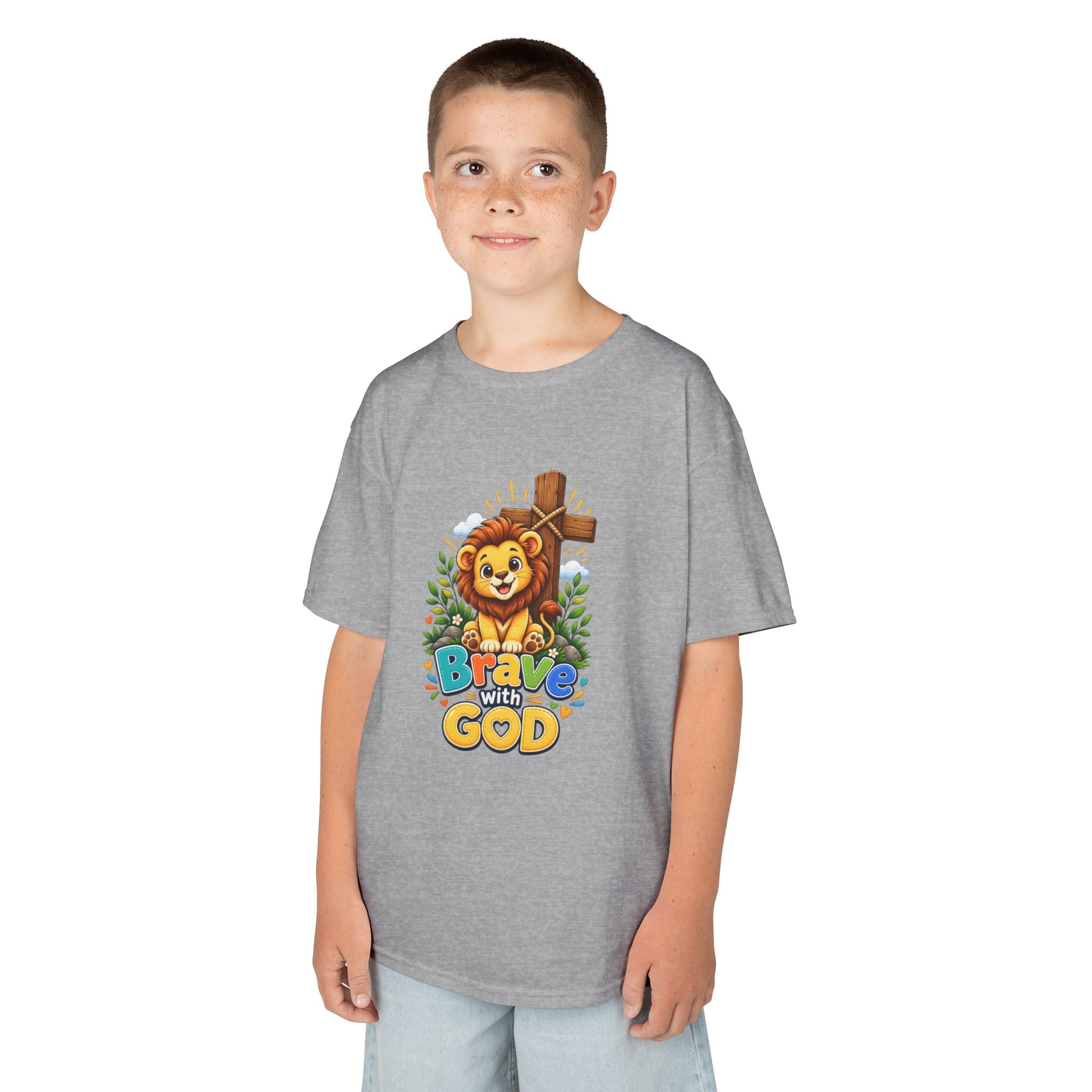 Brave with God Kids Christian T-shirt| Lion Faith Tee for Boys and Girls| Bible Shirt|Christian Gift