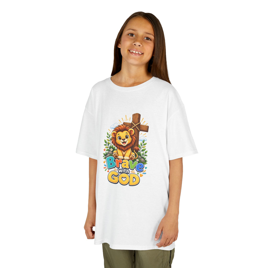 Brave with God Kids Christian T-shirt| Lion Faith Tee for Boys and Girls| Bible Shirt|Christian Gift