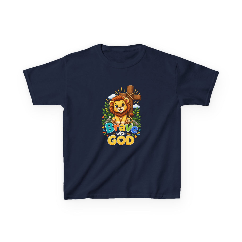Brave with God Kids Christian T-shirt| Lion Faith Tee for Boys and Girls| Bible Shirt|Christian Gift