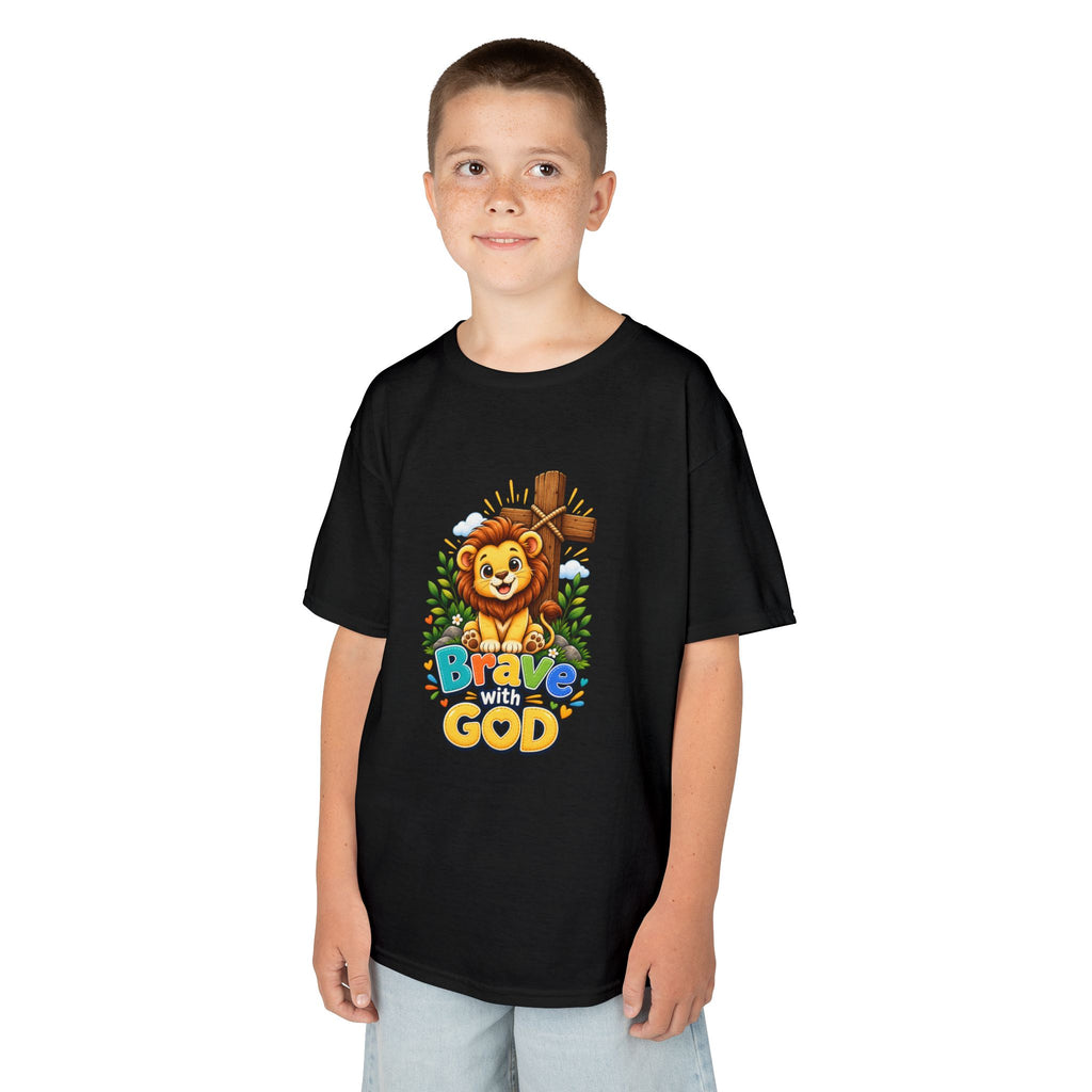 Brave with God Kids Christian T-shirt| Lion Faith Tee for Boys and Girls| Bible Shirt|Christian Gift
