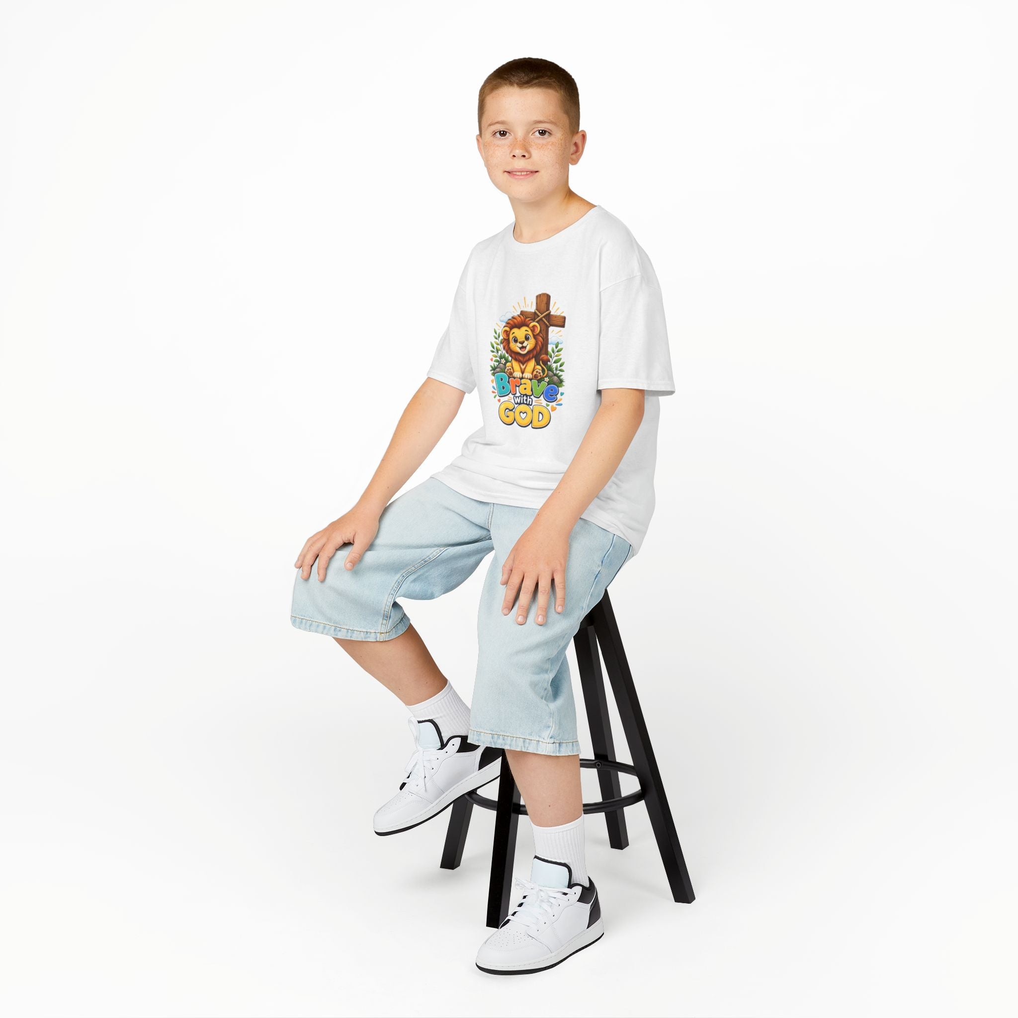 Brave with God Kids Christian T-shirt| Lion Faith Tee for Boys and Girls| Bible Shirt|Christian Gift