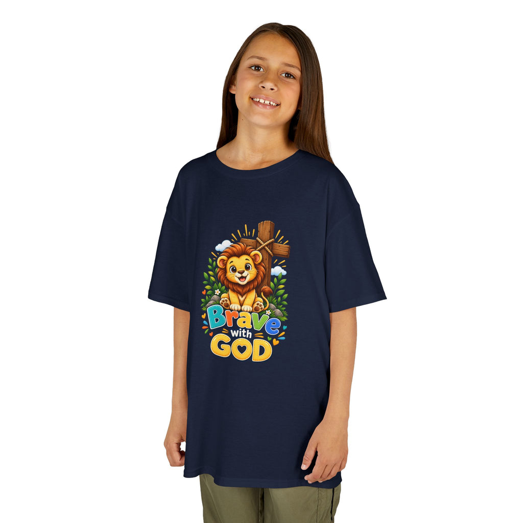 Brave with God Kids Christian T-shirt| Lion Faith Tee for Boys and Girls| Bible Shirt|Christian Gift