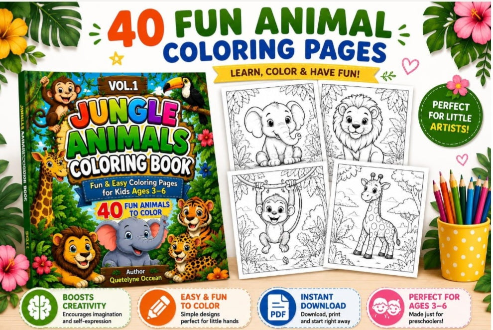 Jungle Animals Coloring Book for Kids Ages 3-6 | 40 Fun Pages (Digital Download)