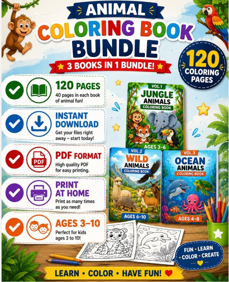 Animal Coloring Book Bundle for Kids Ages 3-10 |120 Coloring Pages |Jungle, Wild & Ocean Animals | Printable PDF Download | Instant Download