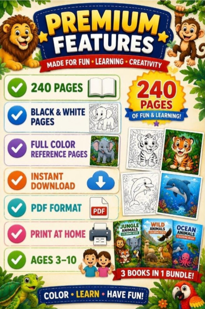 Premium Animal Coloring Book Bundle for Kids Ages 3-10 | 240 Total Pages | Jungle, Wild & Ocean Animals | Coloring Pages + Color Guides