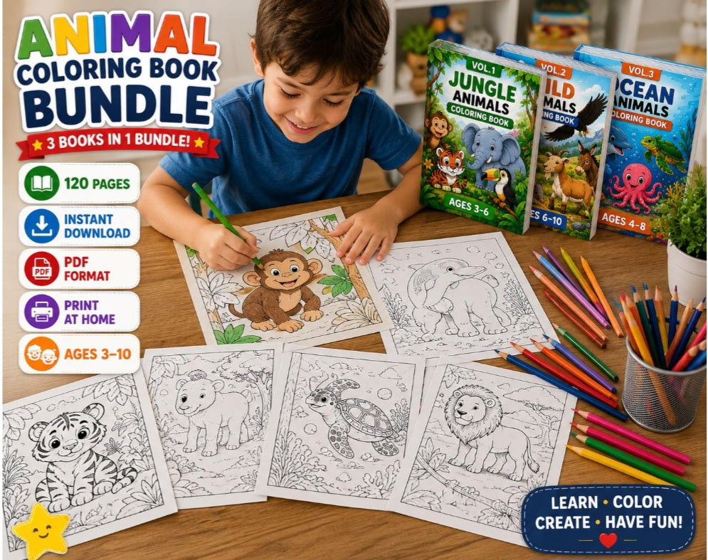 Animal Coloring Book Bundle for Kids Ages 3-10 |120 Coloring Pages |Jungle, Wild & Ocean Animals | Printable PDF Download | Instant Download