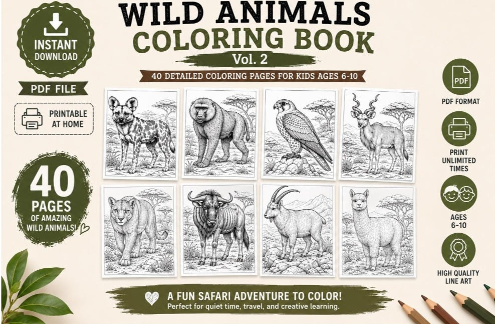 Wild Animals Coloring Book for Kids Ages 6–10 | 40 Animal Coloring Pages | Printable PDF Activity Book | Instant Digital Download