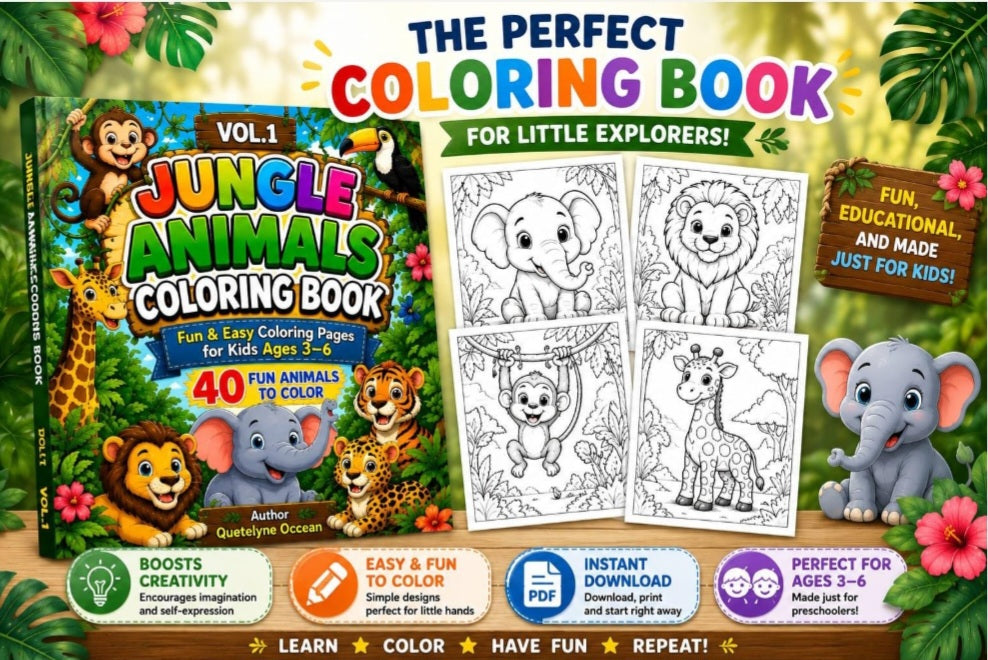 Jungle Animals Coloring Book for Kids Ages 3-6 | 40 Fun Pages (Digital Download)