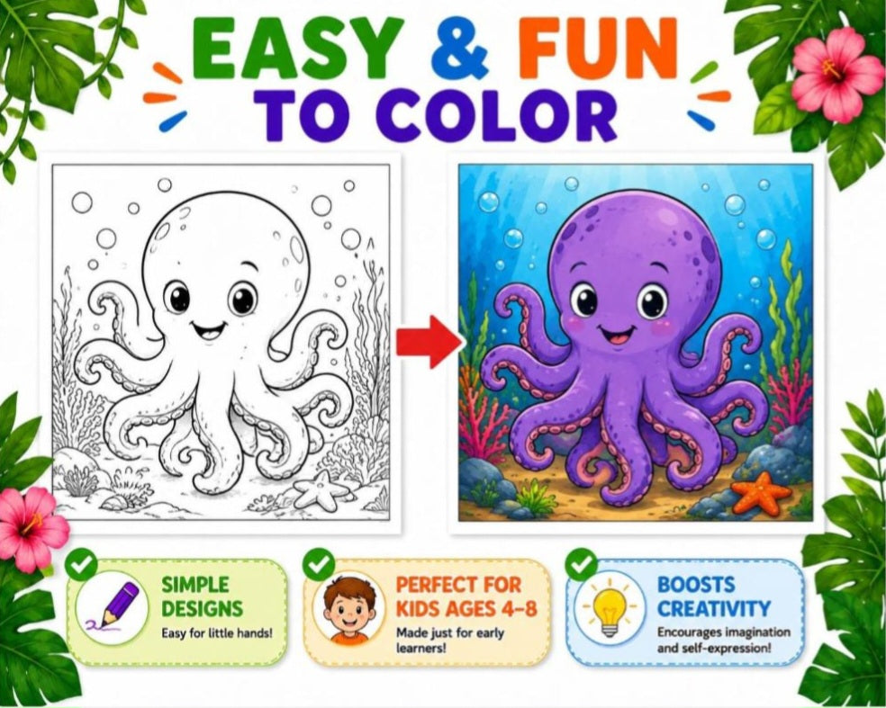 Ocean Animals Coloring Book for Kids Ages 4-8 | 40 Printable Coloring Pages | Instant Download PDF | Sea Life Activity Book