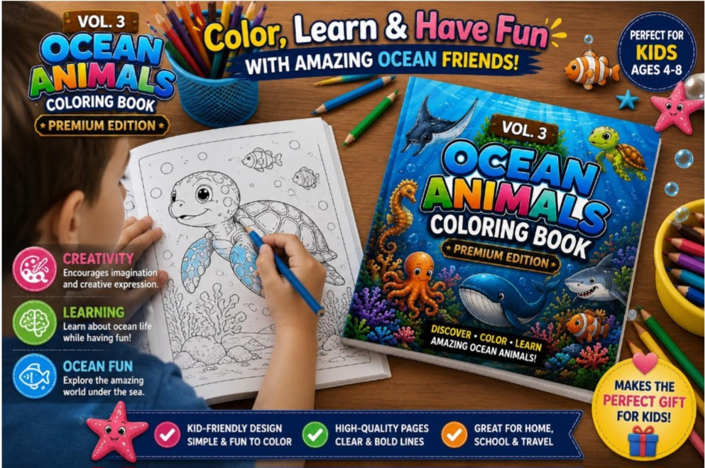 Ocean Animals Coloring Book Vol. 3 Premium | Ages 4–8 | 40 Coloring Pages + 40 Color Guides | Instant Download PDF