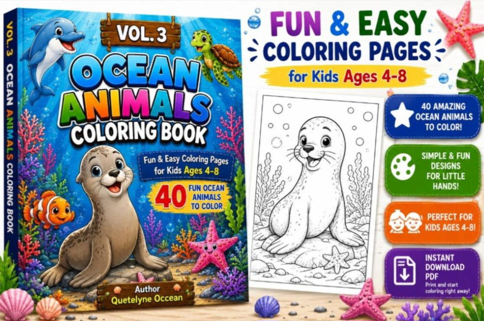 Ocean Animals Coloring Book for Kids Ages 4-8 | 40 Printable Coloring Pages | Instant Download PDF | Sea Life Activity Book