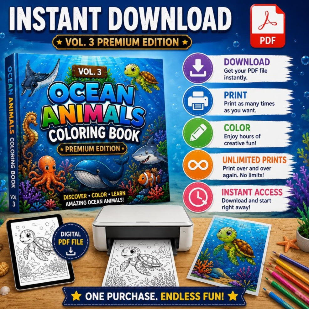 Ocean Animals Coloring Book Vol. 3 Premium | Ages 4–8 | 40 Coloring Pages + 40 Color Guides | Instant Download PDF