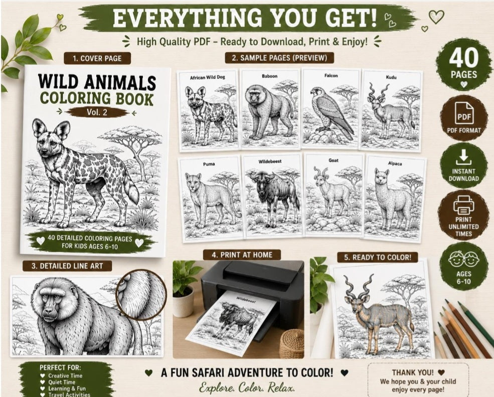 Wild Animals Coloring Book for Kids Ages 6–10 | 40 Animal Coloring Pages | Printable PDF Activity Book | Instant Digital Download