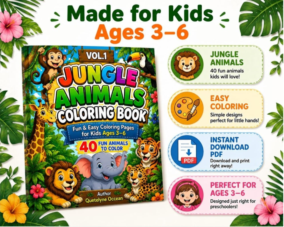 Jungle Animals Coloring Book for Kids Ages 3-6 | 40 Fun Pages (Digital Download)