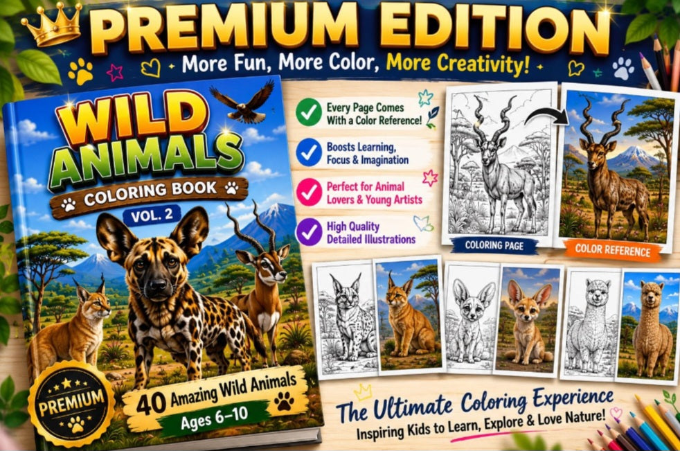 Wild Animals Coloring Book for Kids Ages 6–10 | Premium Edition | 40 Coloring Pages & 40 Color Reference Pages | Printable PDF Activity Book