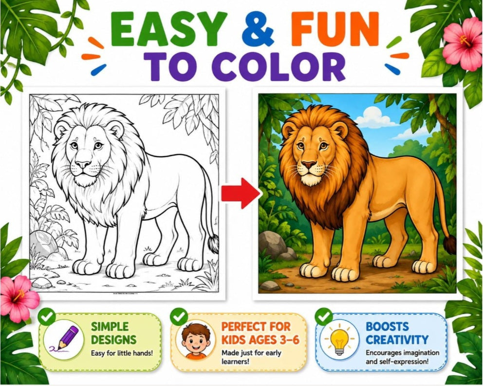Jungle Animals Coloring Book for Kids Ages 3-6 | 40 Fun Pages (Digital Download)