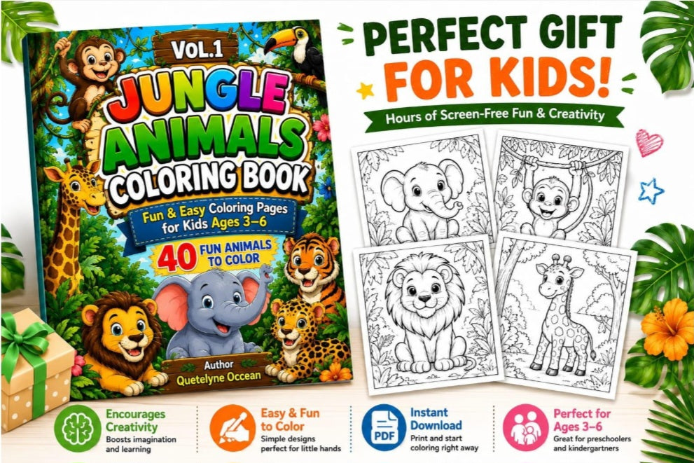 Jungle Animals Coloring Book for Kids Ages 3-6 | 40 Fun Pages (Digital Download)
