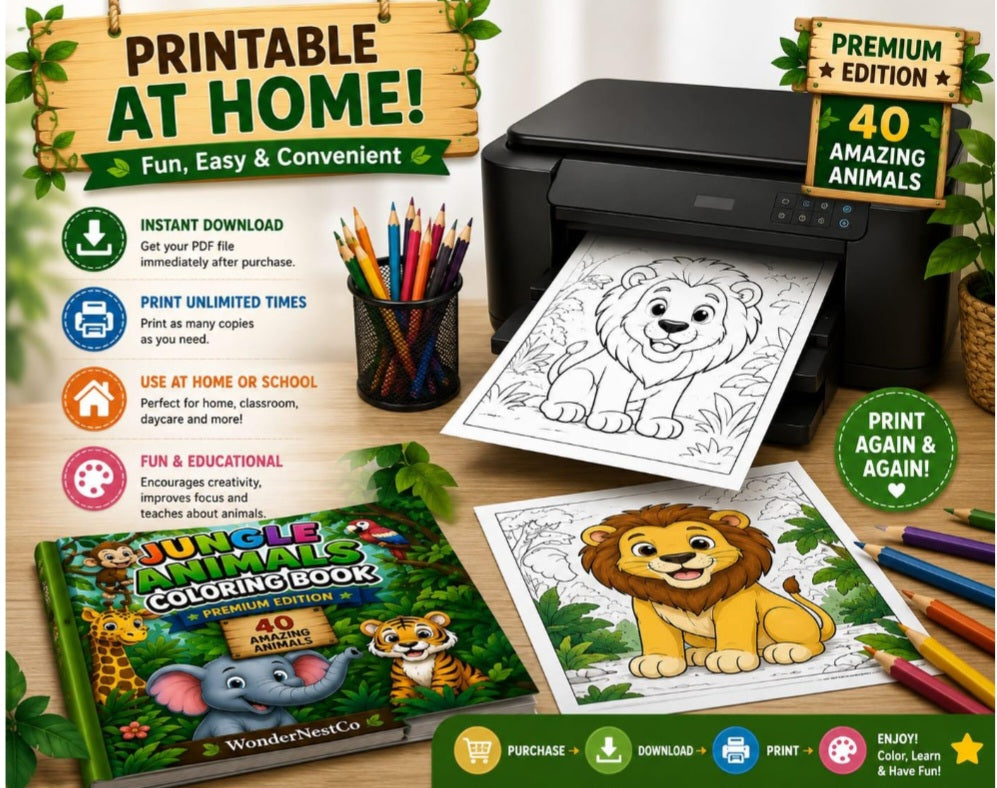 Jungle Animals Coloring Book for Kids Ages 3–6 | Premium Edition | 40 Coloring Pages & 40 Color Guides | Printable PDF Activity Book