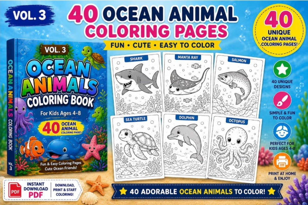 Ocean Animals Coloring Book for Kids Ages 4-8 | 40 Printable Coloring Pages | Instant Download PDF | Sea Life Activity Book