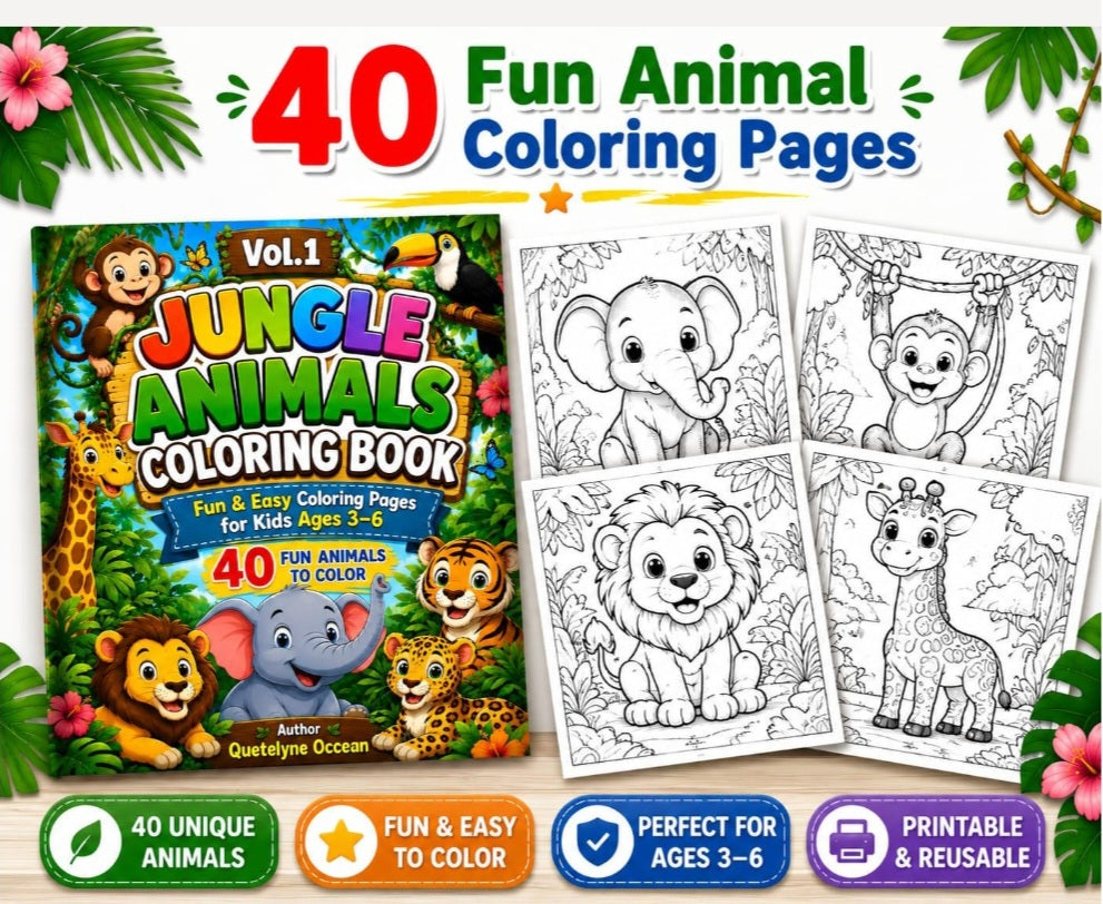 Jungle Animals Coloring Book for Kids Ages 3-6 | 40 Fun Pages (Digital Download)