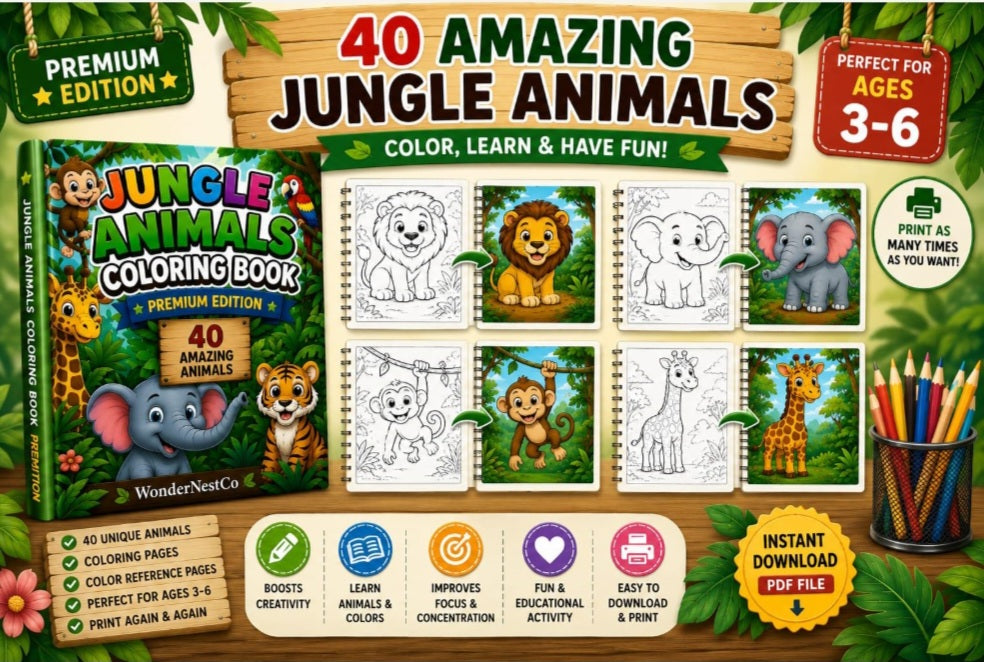Jungle Animals Coloring Book for Kids Ages 3–6 | Premium Edition | 40 Coloring Pages & 40 Color Guides | Printable PDF Activity Book