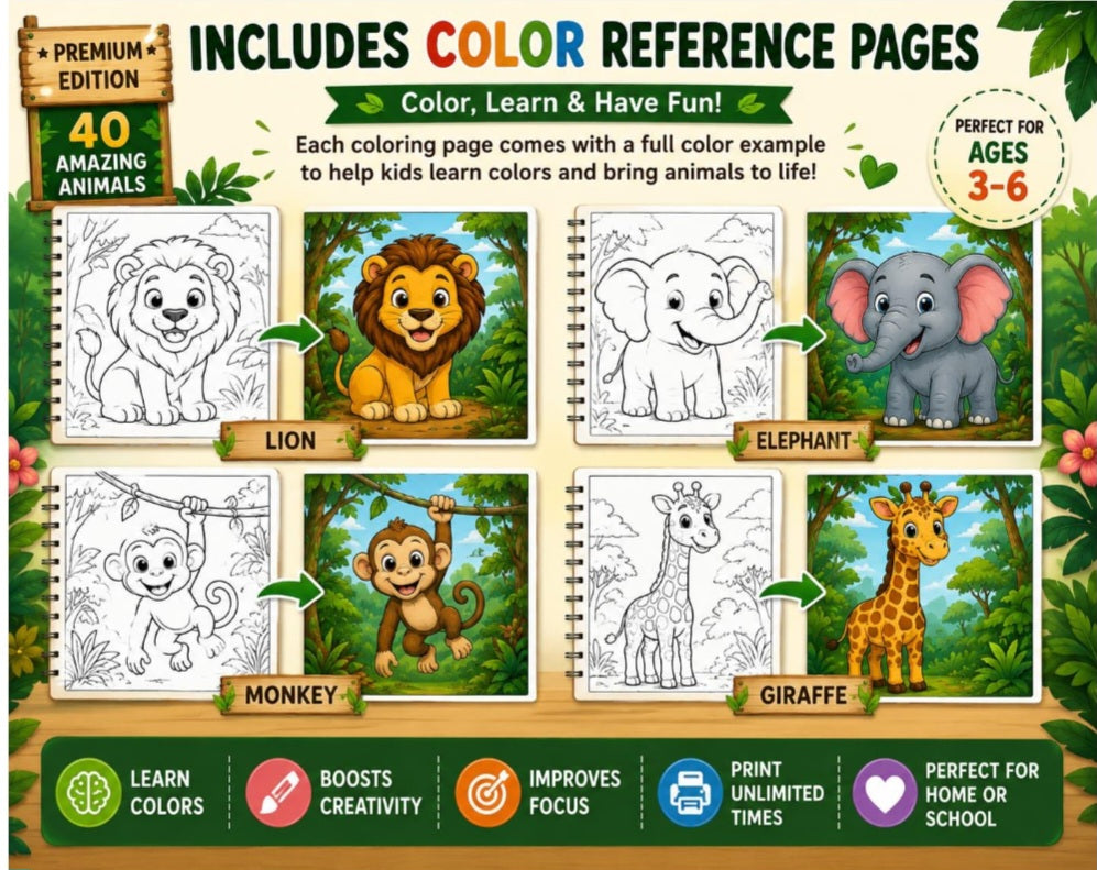 Jungle Animals Coloring Book for Kids Ages 3–6 | Premium Edition | 40 Coloring Pages & 40 Color Guides | Printable PDF Activity Book