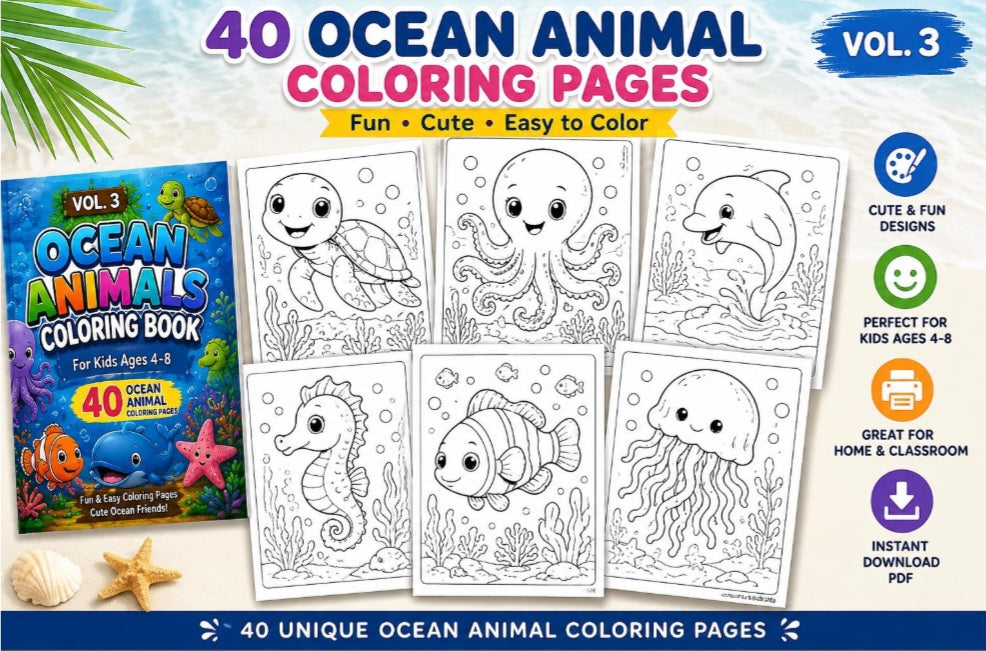 Ocean Animals Coloring Book for Kids Ages 4-8 | 40 Printable Coloring Pages | Instant Download PDF | Sea Life Activity Book