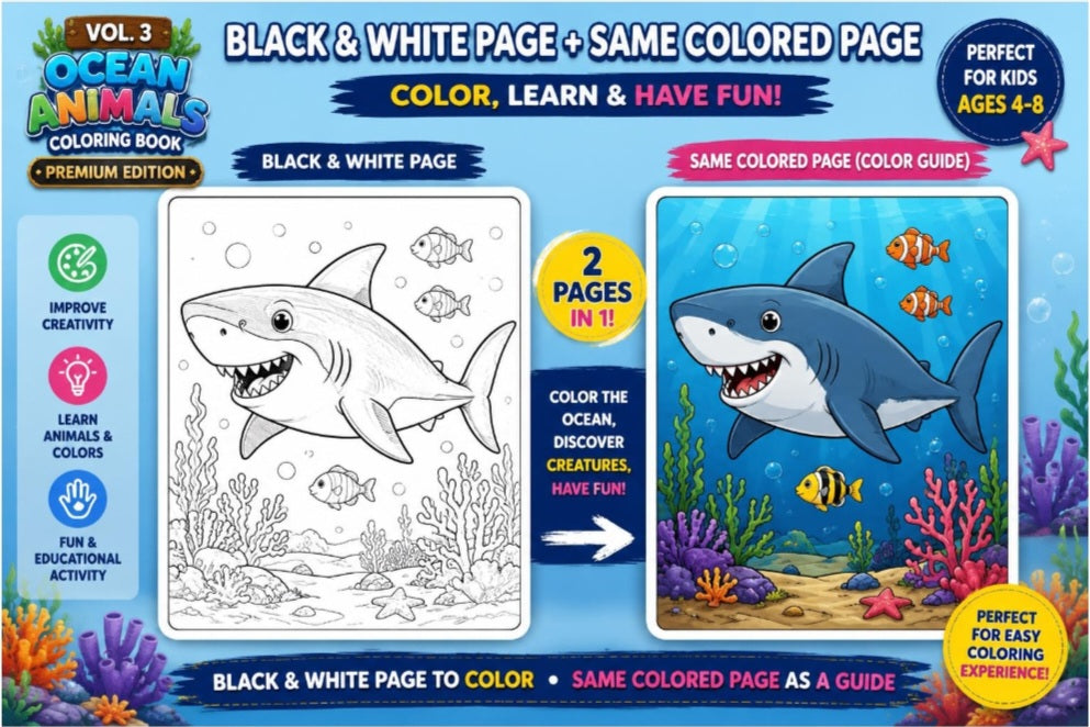 Ocean Animals Coloring Book Vol. 3 Premium | Ages 4–8 | 40 Coloring Pages + 40 Color Guides | Instant Download PDF