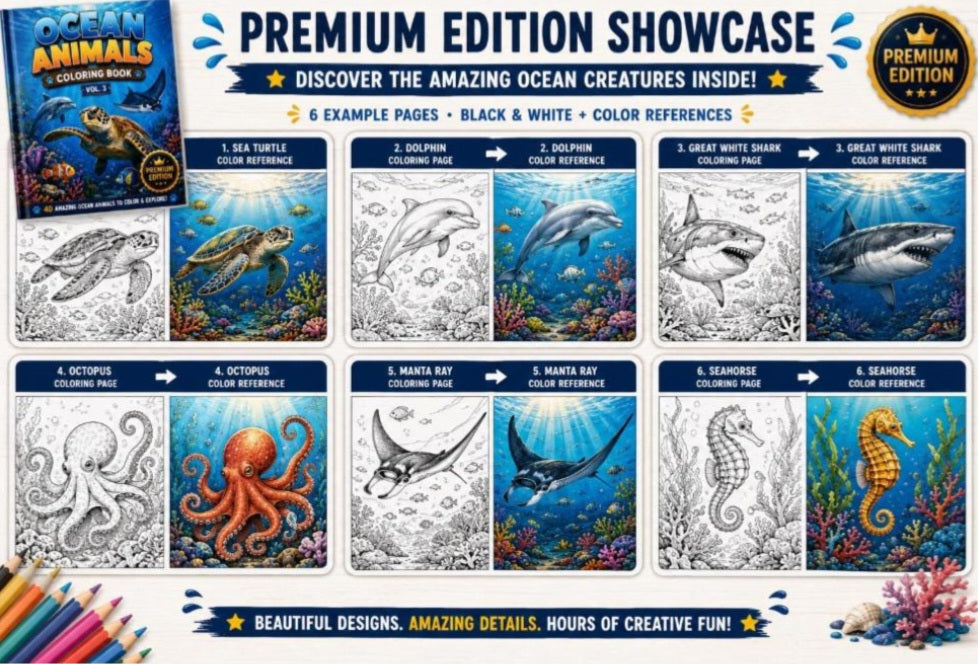 Ocean Animals Coloring Book Vol. 3 Premium | Ages 4–8 | 40 Coloring Pages + 40 Color Guides | Instant Download PDF