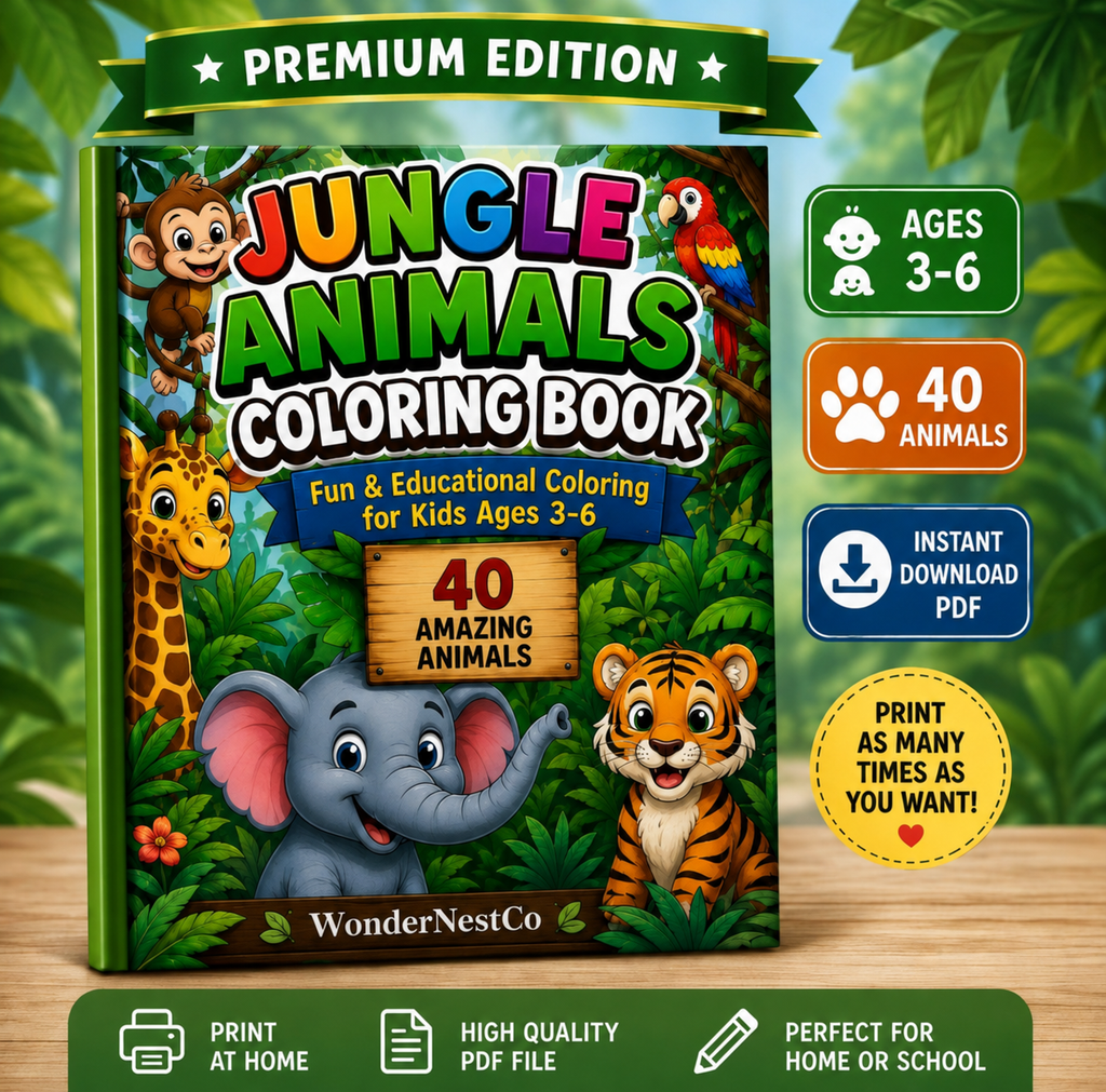 Jungle Animals Coloring Book for Kids Ages 3–6 | Premium Edition | 40 Coloring Pages & 40 Color Guides | Printable PDF Activity Book
