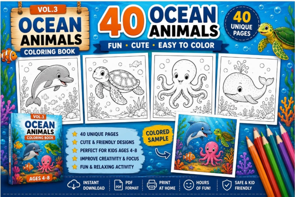 Animal Coloring Book Bundle for Kids Ages 3-10 |120 Coloring Pages |Jungle, Wild & Ocean Animals | Printable PDF Download | Instant Download