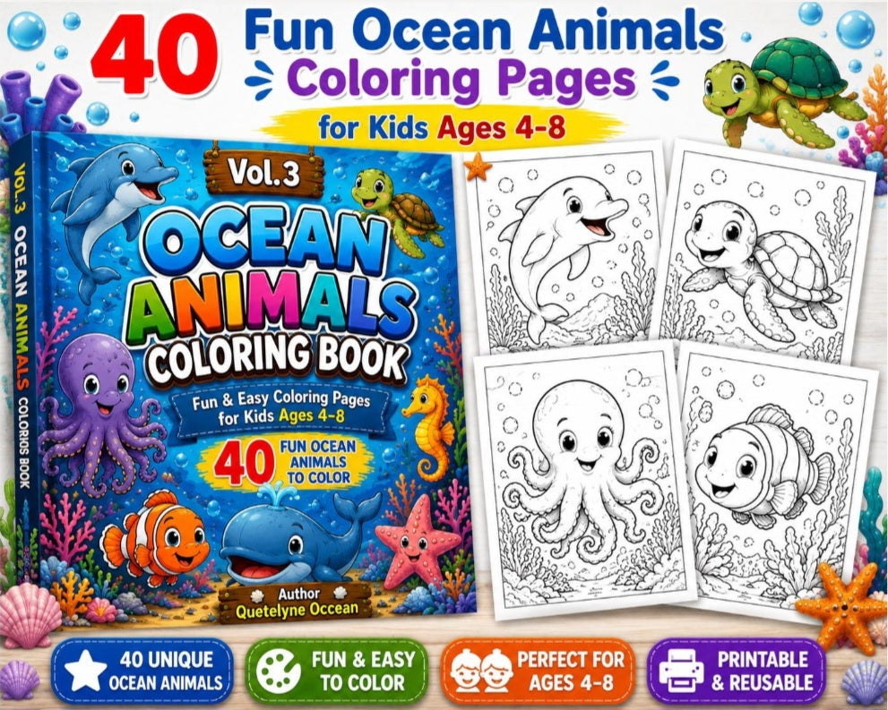 Ocean Animals Coloring Book for Kids Ages 4-8 | 40 Printable Coloring Pages | Instant Download PDF | Sea Life Activity Book