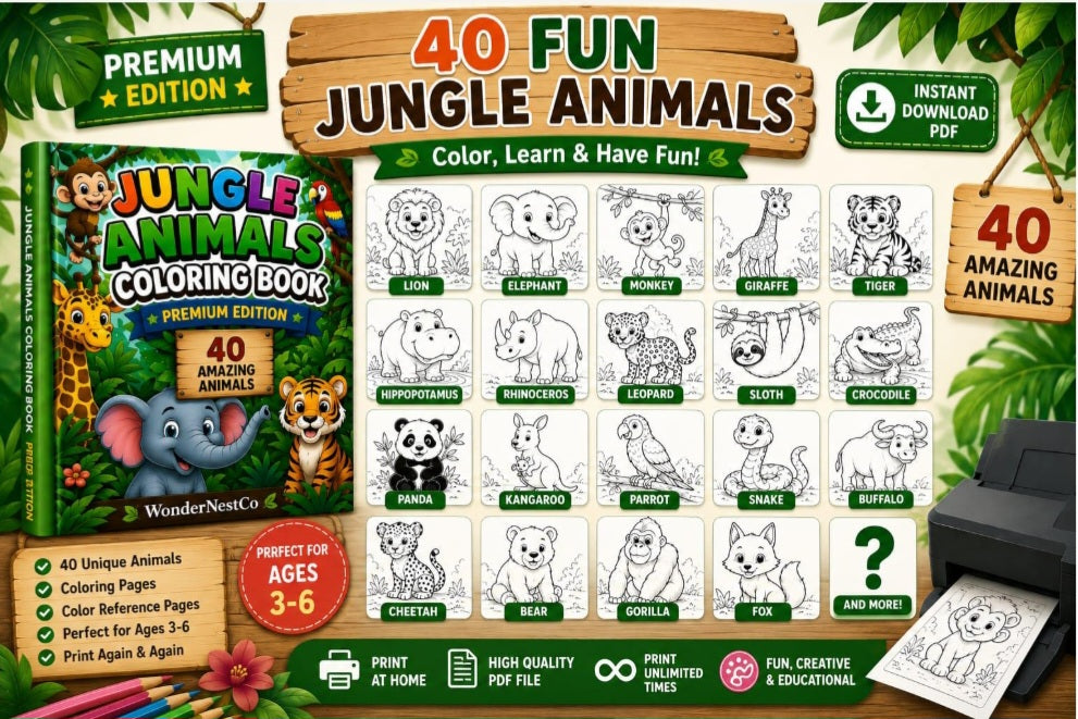 Jungle Animals Coloring Book for Kids Ages 3–6 | Premium Edition | 40 Coloring Pages & 40 Color Guides | Printable PDF Activity Book