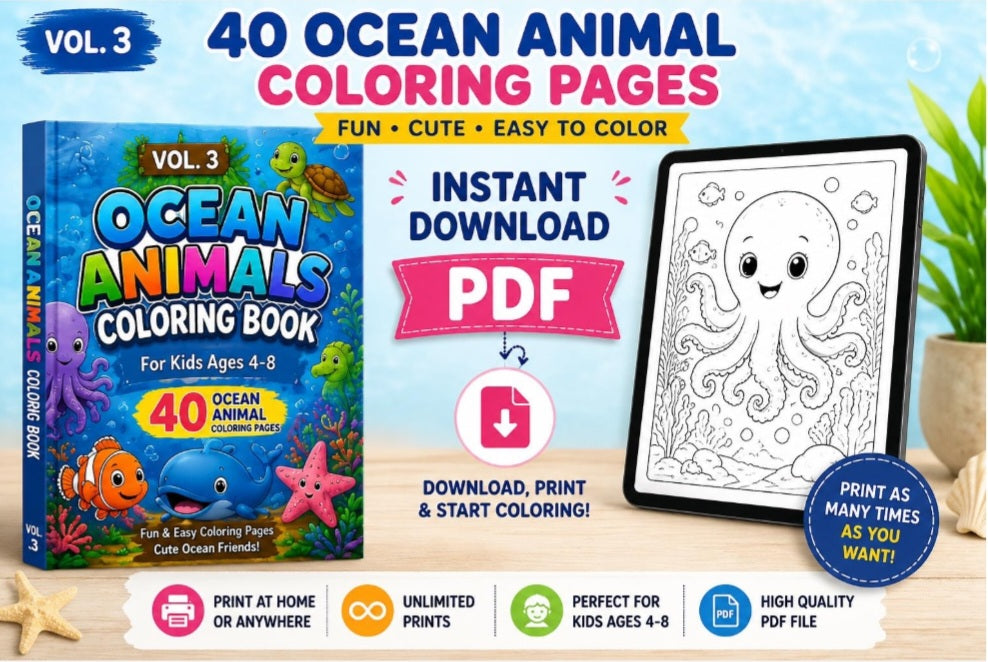Ocean Animals Coloring Book for Kids Ages 4-8 | 40 Printable Coloring Pages | Instant Download PDF | Sea Life Activity Book