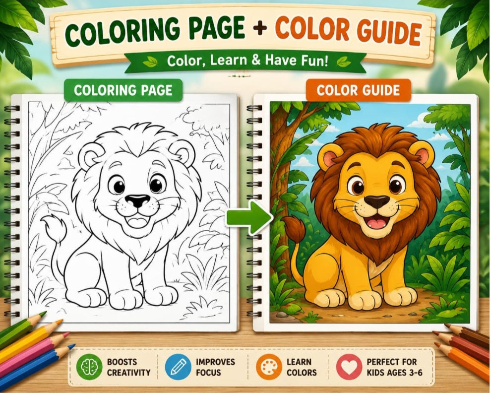 Jungle Animals Coloring Book for Kids Ages 3–6 | Premium Edition | 40 Coloring Pages & 40 Color Guides | Printable PDF Activity Book