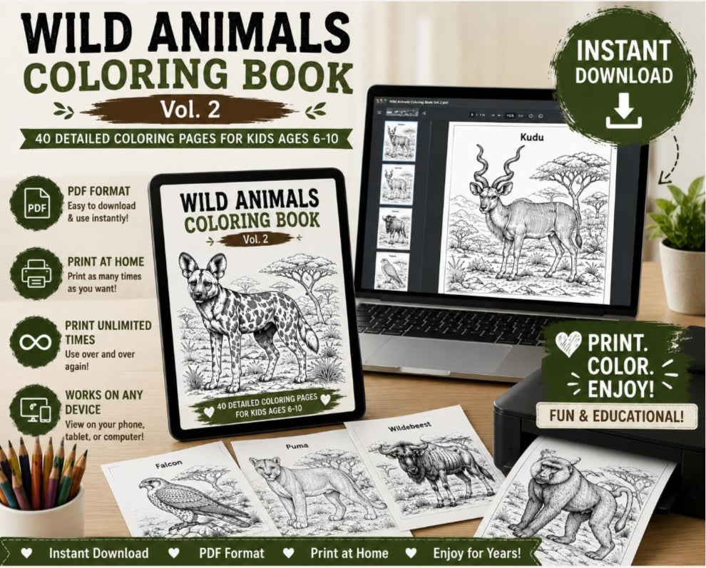 Wild Animals Coloring Book for Kids Ages 6–10 | 40 Animal Coloring Pages | Printable PDF Activity Book | Instant Digital Download