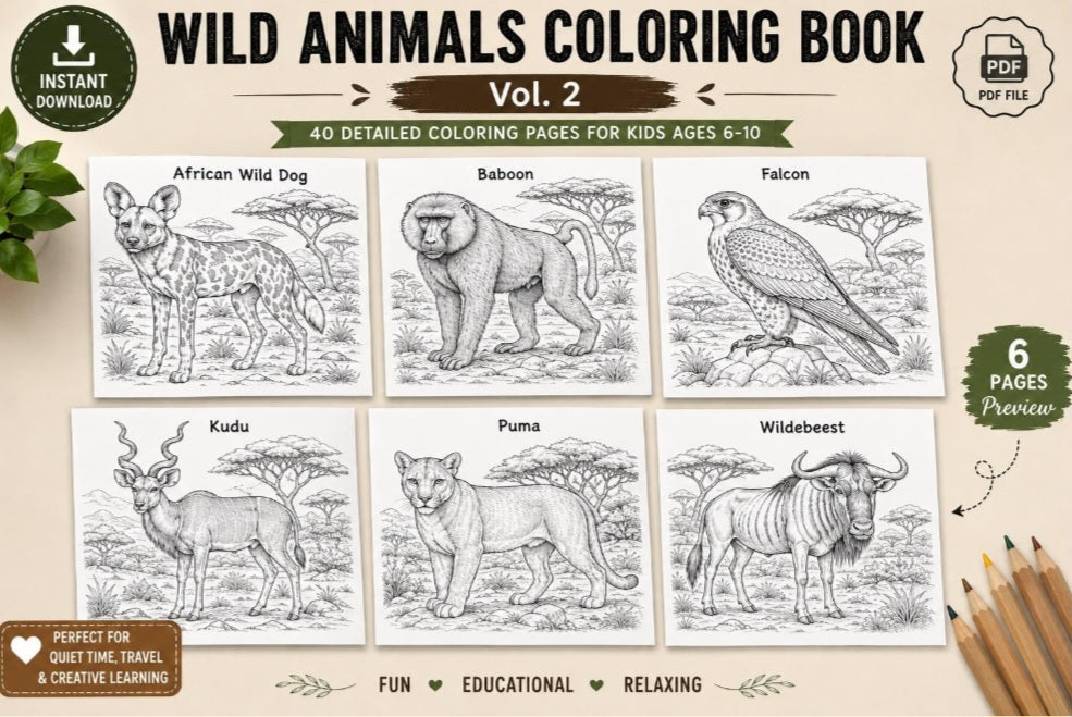 Wild Animals Coloring Book for Kids Ages 6–10 | 40 Animal Coloring Pages | Printable PDF Activity Book | Instant Digital Download