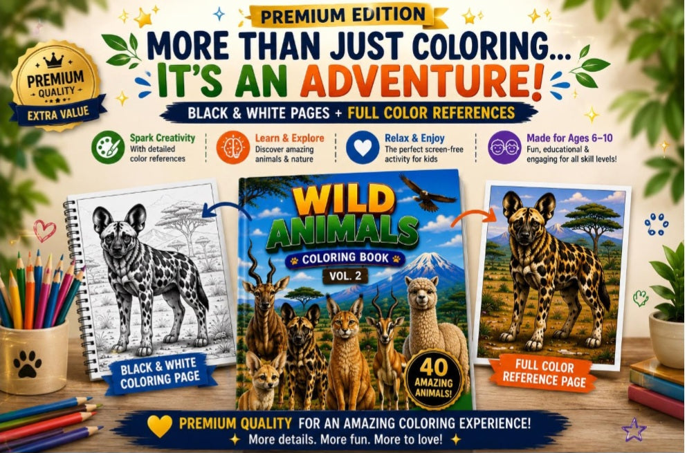 Wild Animals Coloring Book for Kids Ages 6–10 | Premium Edition | 40 Coloring Pages & 40 Color Reference Pages | Printable PDF Activity Book