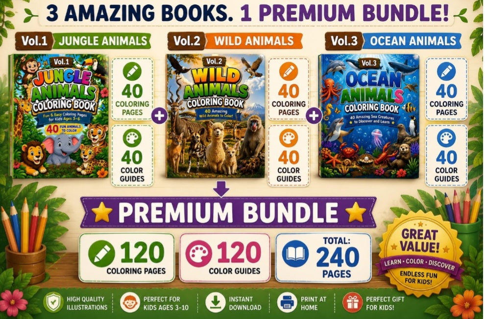 Premium Animal Coloring Book Bundle for Kids Ages 3-10 | 240 Total Pages | Jungle, Wild & Ocean Animals | Coloring Pages + Color Guides