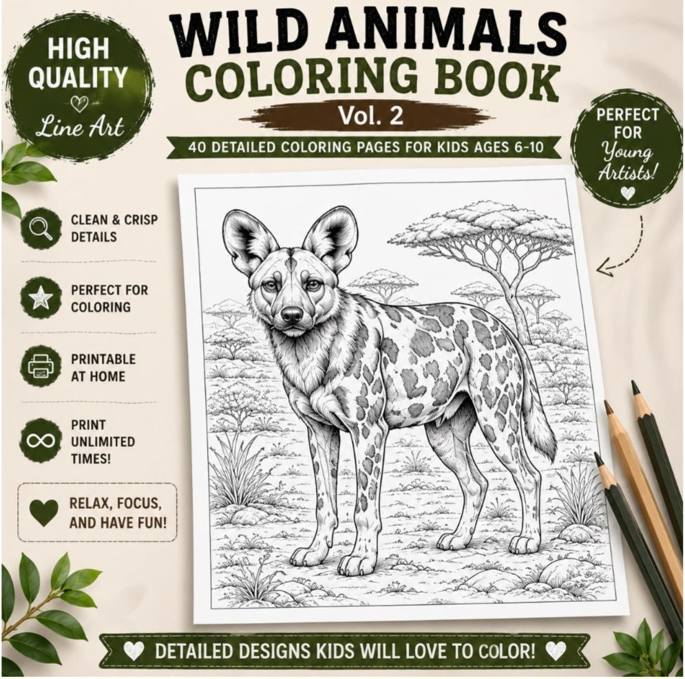 Wild Animals Coloring Book for Kids Ages 6–10 | 40 Animal Coloring Pages | Printable PDF Activity Book | Instant Digital Download