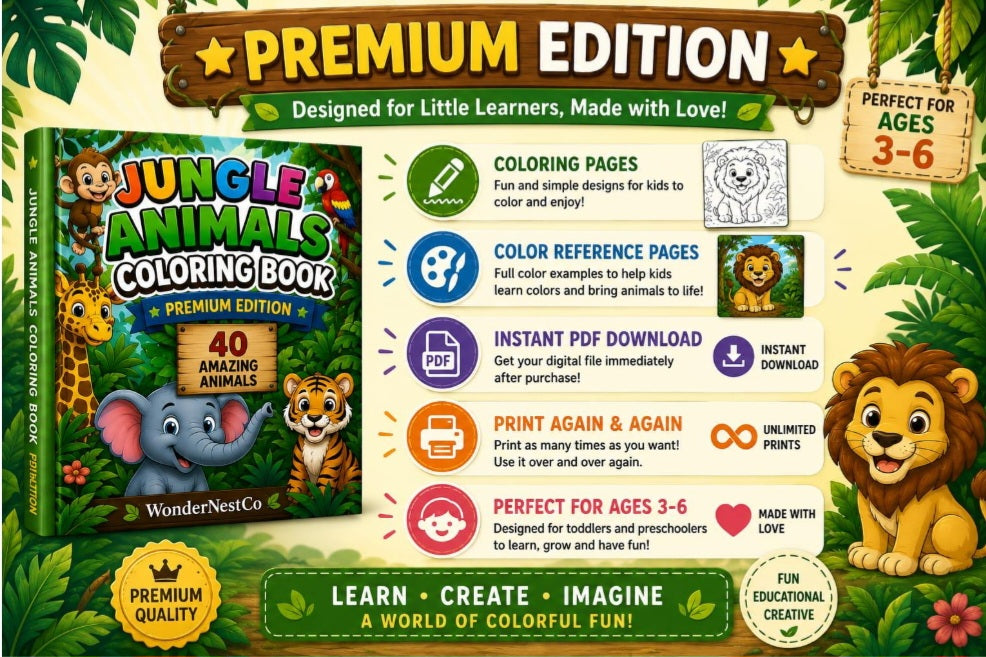 Jungle Animals Coloring Book for Kids Ages 3–6 | Premium Edition | 40 Coloring Pages & 40 Color Guides | Printable PDF Activity Book