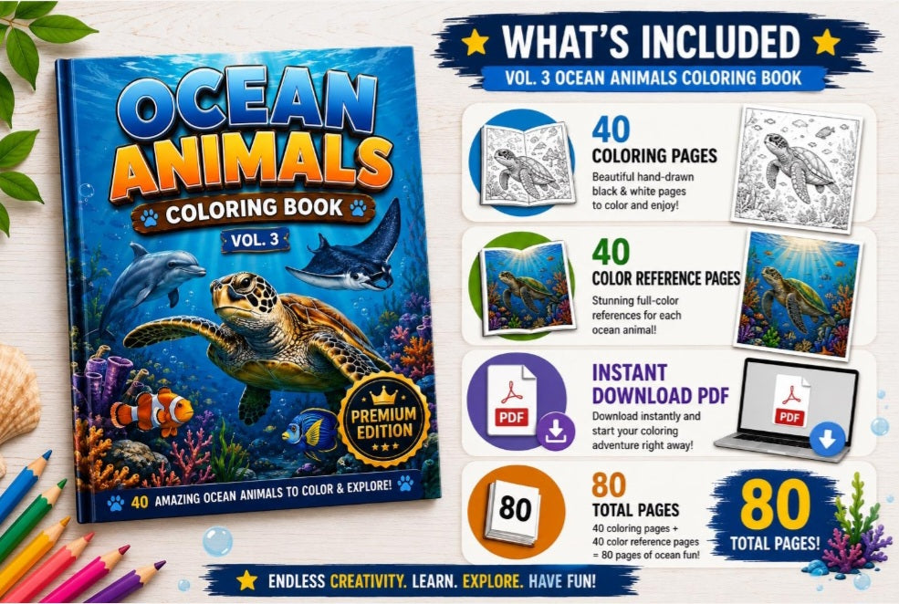 Ocean Animals Coloring Book Vol. 3 Premium | Ages 4–8 | 40 Coloring Pages + 40 Color Guides | Instant Download PDF