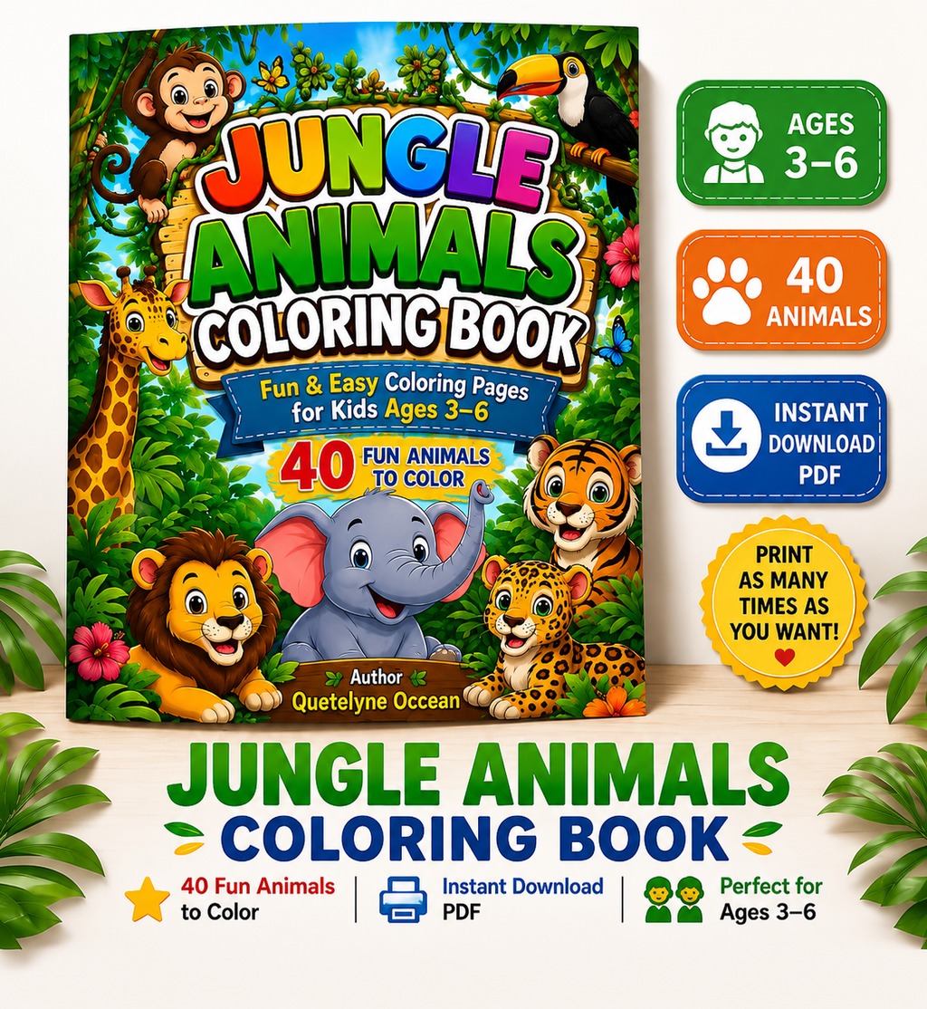 Jungle Animals Coloring Book for Kids Ages 3-6 | 40 Fun Pages (Digital Download)