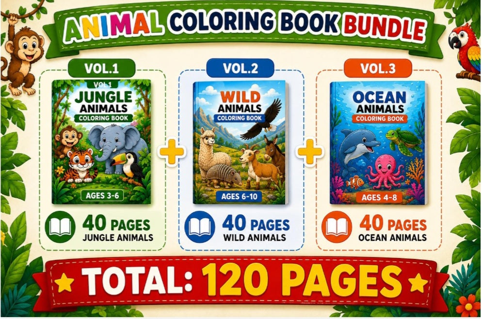 Animal Coloring Book Bundle for Kids Ages 3-10 |120 Coloring Pages |Jungle, Wild & Ocean Animals | Printable PDF Download | Instant Download