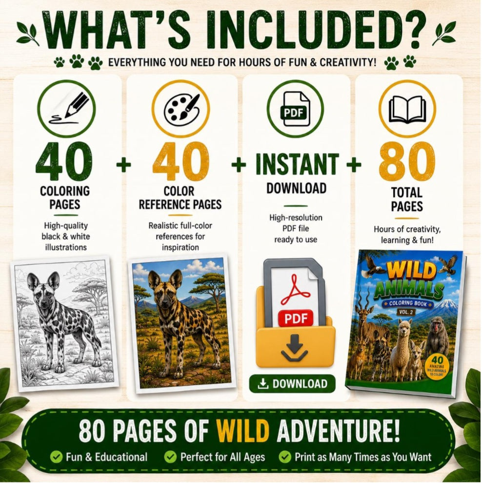 Wild Animals Coloring Book for Kids Ages 6–10 | Premium Edition | 40 Coloring Pages & 40 Color Reference Pages | Printable PDF Activity Book