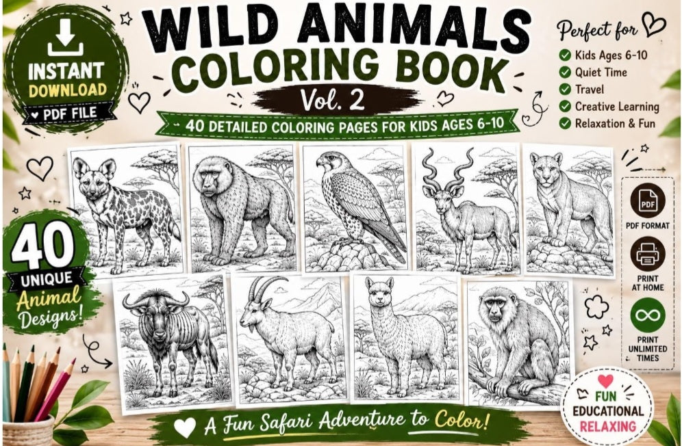 Wild Animals Coloring Book for Kids Ages 6–10 | 40 Animal Coloring Pages | Printable PDF Activity Book | Instant Digital Download