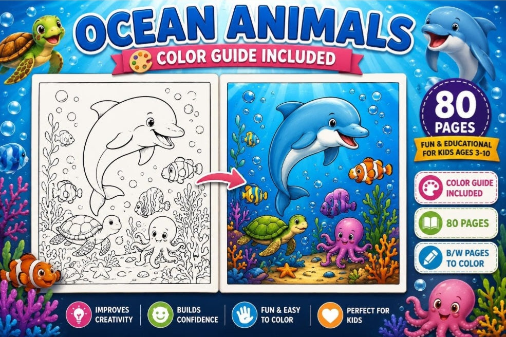 Premium Animal Coloring Book Bundle for Kids Ages 3-10 | 240 Total Pages | Jungle, Wild & Ocean Animals | Coloring Pages + Color Guides