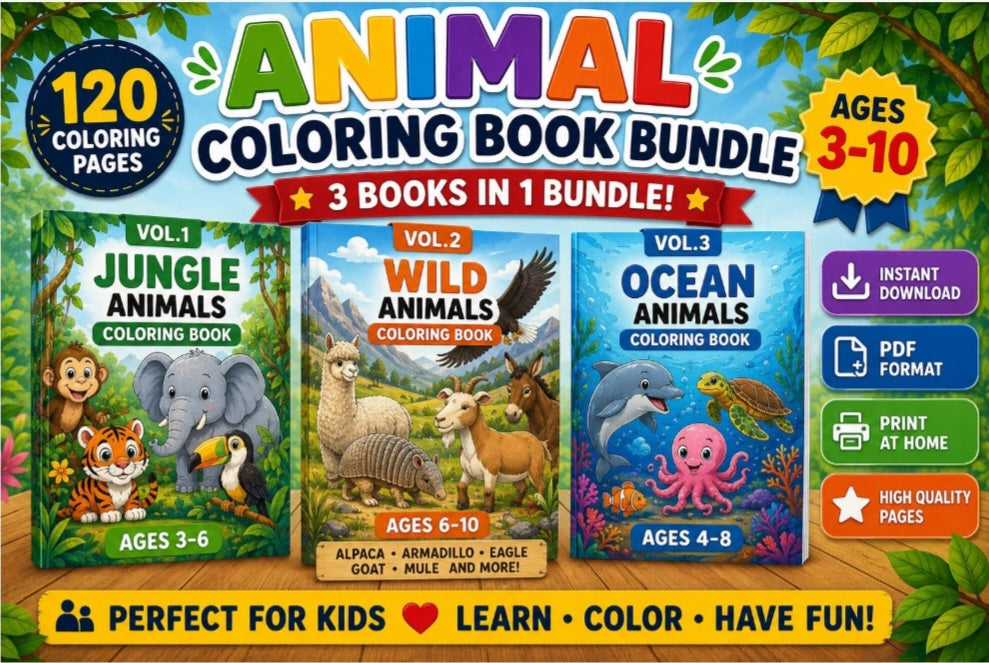 Animal Coloring Book Bundle for Kids Ages 3-10 |120 Coloring Pages |Jungle, Wild & Ocean Animals | Printable PDF Download | Instant Download