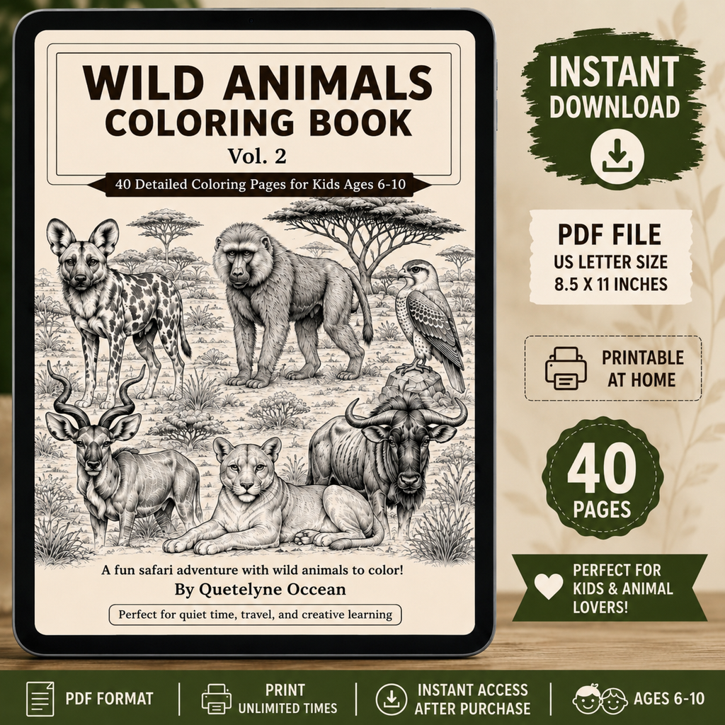 Wild Animals Coloring Book for Kids Ages 6–10 | 40 Animal Coloring Pages | Printable PDF Activity Book | Instant Digital Download