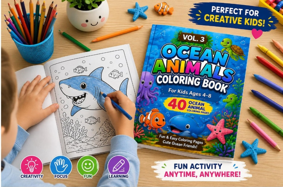 Ocean Animals Coloring Book for Kids Ages 4-8 | 40 Printable Coloring Pages | Instant Download PDF | Sea Life Activity Book